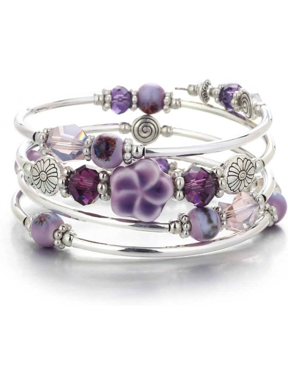 Boho Silver Beaded Wrap Bracelet with Ceramic Flower & Crystal Beads - Chunky
